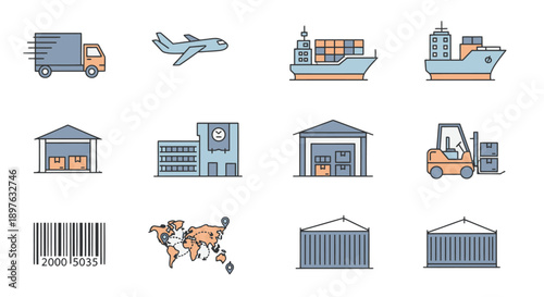Logistics and Transportation Icons Featuring Warehouses and Shipping Containers.