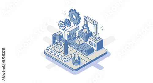 Isometric illustration of industrial machinery on a digital platform.