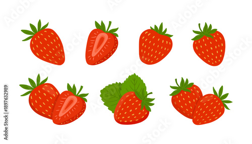 big set of Strawberry isolated on white background. Strawberry in flat style. Berries for menu, label, recipe, farm product packaging. Vector illustration 