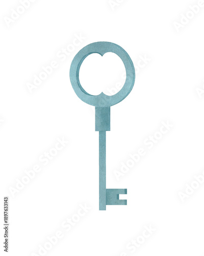 A simple turquoise key on white. Watercolor illustration.