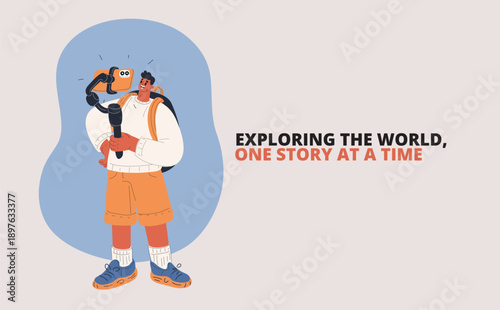 Cartoon vector illustration of man standing with smartphone on tripod, travel vlogger and content creation concept