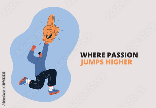Cartoon vector illustration of man jumping with foam finger, fan and cheering concept
