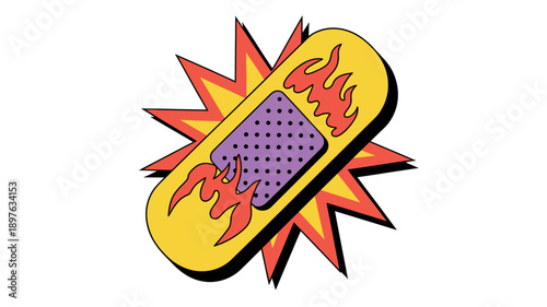 A cartoon band aid with flames and a purple center on a white background