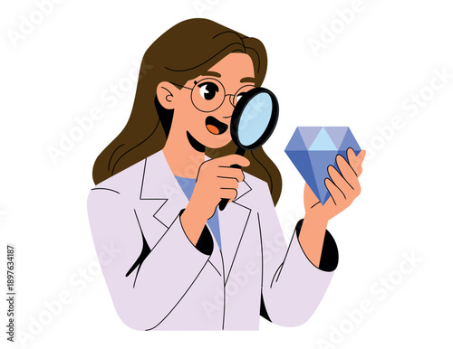 A female scientist examining a large blue diamond with a magnifying glass in a laboratory setting.