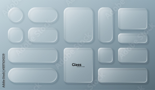 Set of liquid glass white elements in various shapes. Transparent UI components with blur effect. Modern user interface design.