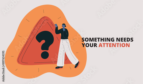 Cartoon vector illustration of woman with red triangular sign and question mark, inquiry and caution concept