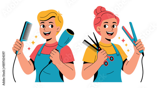 Two happy hairstylists holding various hairdressing tools in their hands