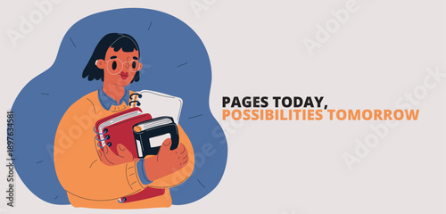 Cartoon vector illustration of girl wearing glasses holding a stack of books, education and learning concept