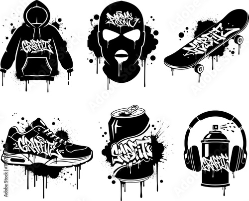 Urban streetwear and graffiti lifestyle icon set with hoodie, sneakers and skateboard