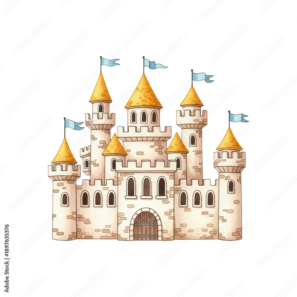 Fototapeta premium Magnificent stone castle with golden turrets and blue flags under blue sky
