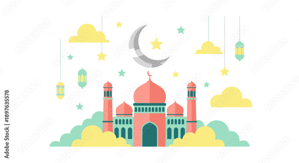 Fototapeta premium Festive Islamic Illustration Set with Mosque, Crescent Moon, and Traditional Lanterns
