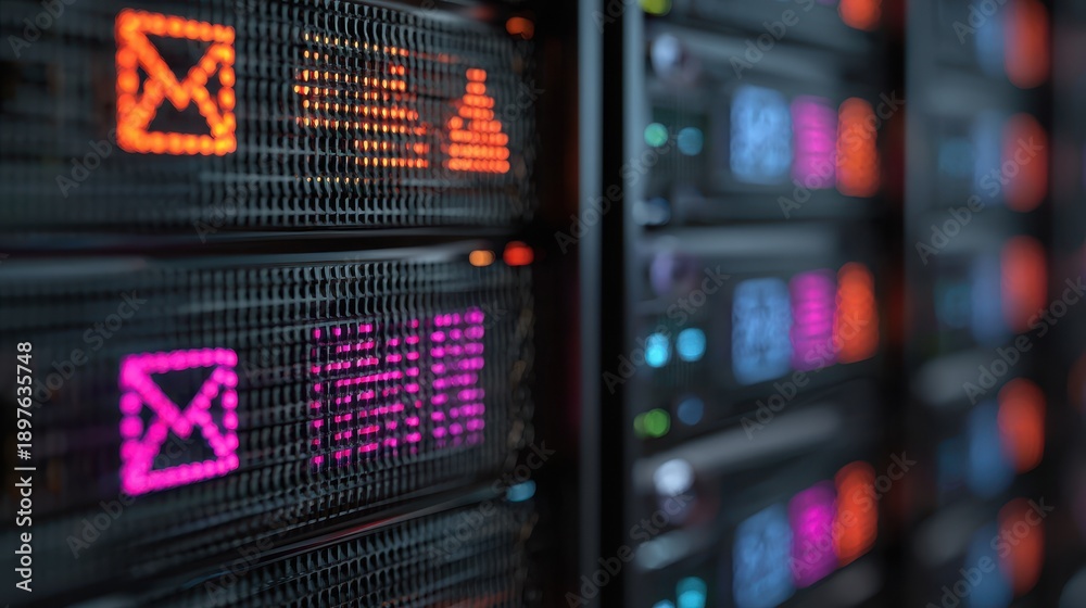 Naklejka premium Close-up of server racks with illuminated email and data icons, representing communication and network infrastructure in a data center.
