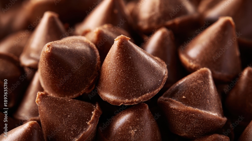 Fototapeta premium Macro close-up of delicious milk chocolate chips pile for baking