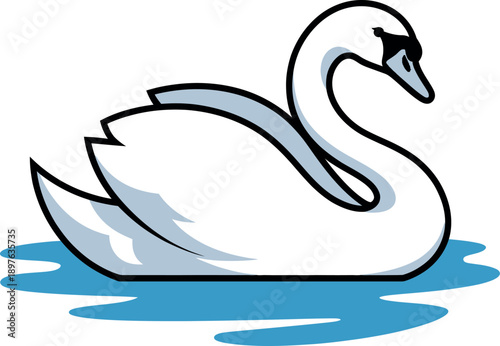A cartoon swan swims peacefully in calm blue water on a white background