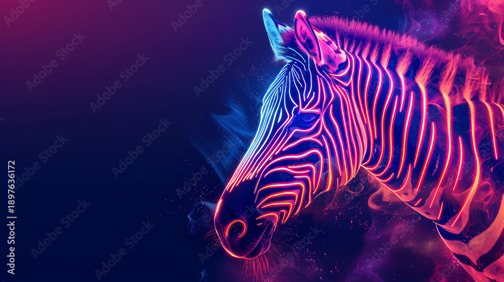 Naklejka premium A zebra's head is illuminated with neon lines in contrasting colors, creating a vibrant and surreal effect. The background features a dark, smoky ambiance that enhances the visual impact