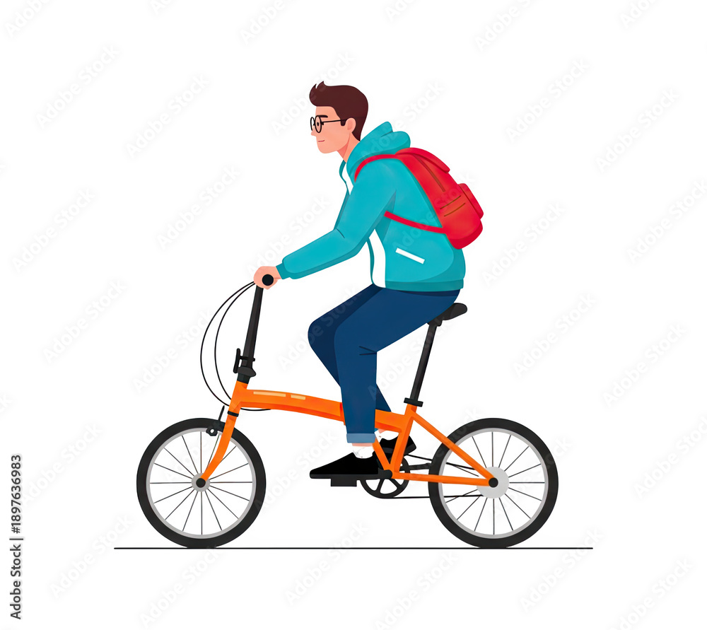 Fototapeta premium Young man with backpack riding a small orange foldable bicycle, commuting or travelling