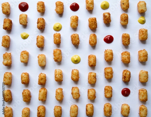 Tater tots with ketchup and mustard arranged in a pattern