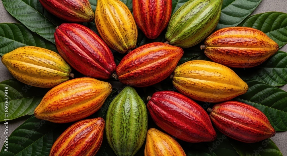 Fototapeta premium A vibrant arrangement of ripe cacao pods showcasing their natural diversity in color and form