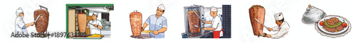 Skilled chefs carving meat from a vertical rotisserie for authentic turkish doner in a restaurant collection.