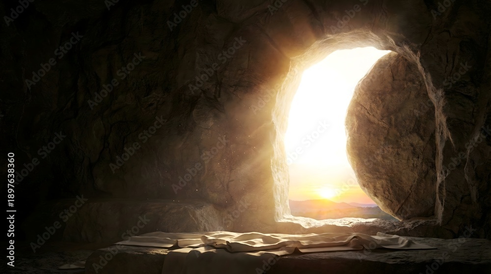Fototapeta premium Empty tomb of Jesus with rolled stone and burial cloths, resurrection concept for easter background, ai generated 