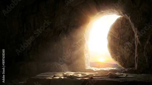 Empty tomb of Jesus with rolled stone and burial cloths, resurrection concept for easter background, ai generated
