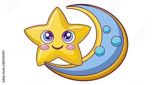 Very beautiful charming moon and star flat illustration on a white background, designed with gentle colors and calm mood for children t-shirts and bedtime themed apparel.
