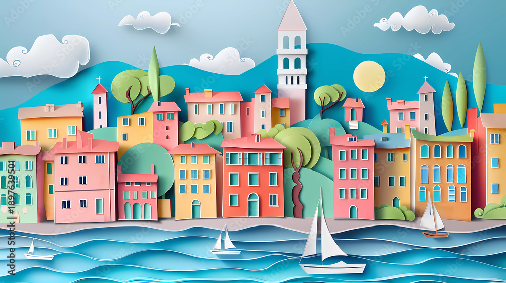 Fototapeta premium Paper art illustration of a colorful Italian coastal town with sailboats on a vibrant blue sea