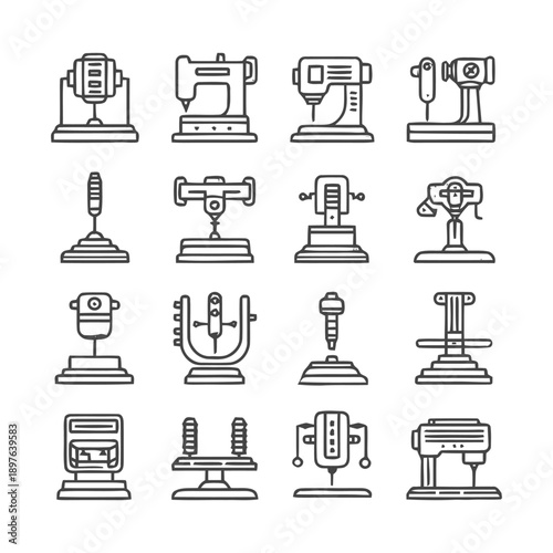 Collection of Industrial Machines and Equipment in Outline Style.