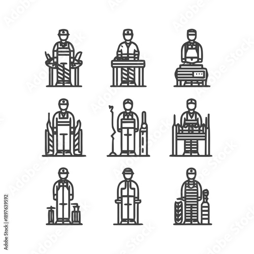 Workers in various industries and professions in line art style.
