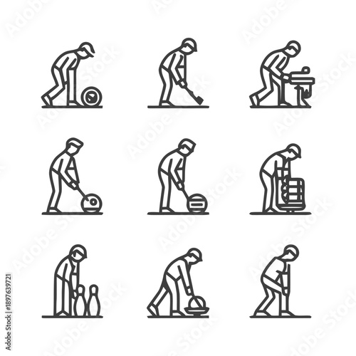 Sports and Recreation Icon Set: Bowling Curling and More.