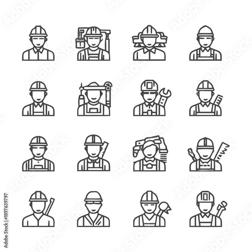 Construction worker icons set various professions line art style vector illustration.