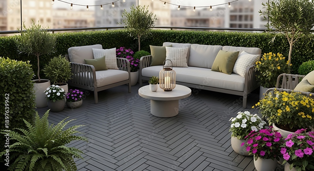Fototapeta premium Rooftop terrace with modern furniture, lush plants, and cityscape view