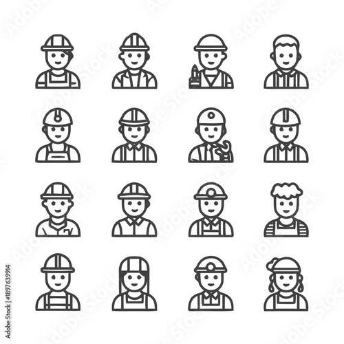 Construction Workers: Diverse Lineup of Professionals in Hard Hats.