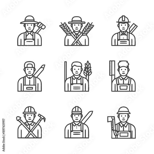 Diverse Line Art Illustrations of Various Professions and Occupations.