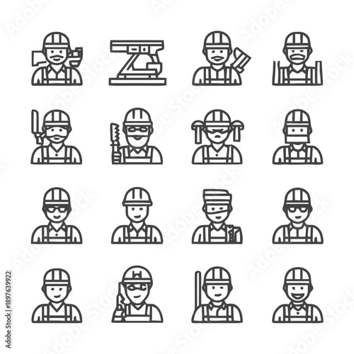 Construction Workers: Diverse Line Art Illustrations for Various Projects.