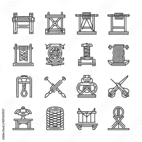 Collection of Weaving and Textile Production Equipment Icons.