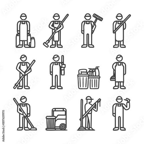 Cleaning crew icons representing various cleaning activities and tools.