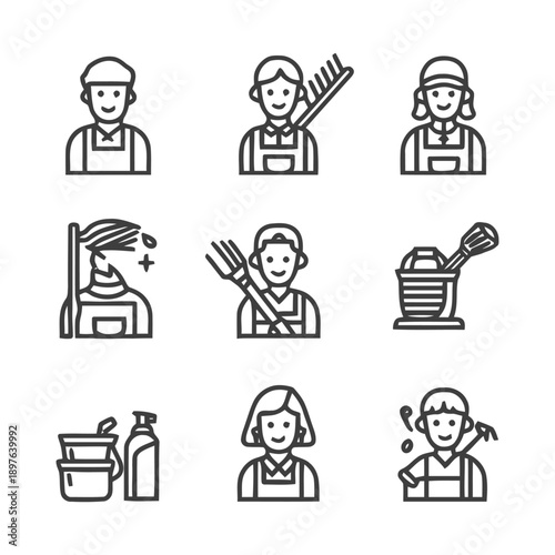 Collection of Cleaning and Maintenance Workers in Various Professions.