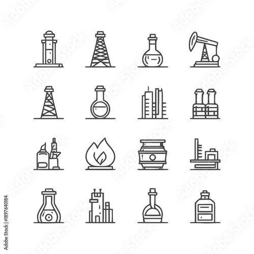 Oil and Gas Industry Icons: Production Refining and Storage.