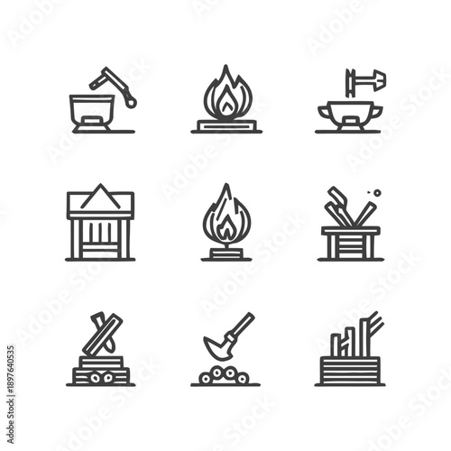 Campfire and Firewood Icons: A Set of Vector Illustrations.