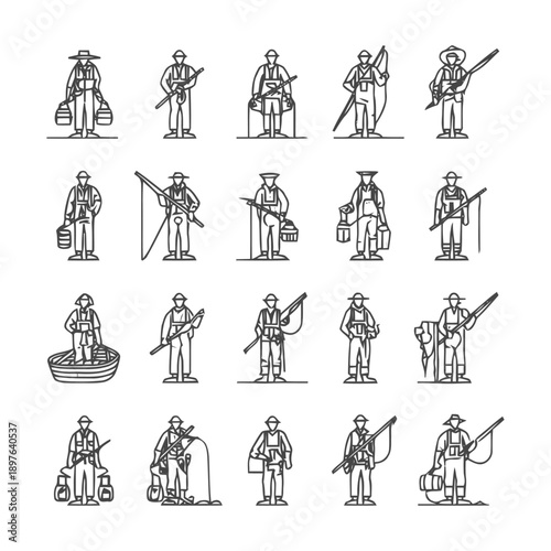 Fishermen in Various Poses: A Collection of Line Art Illustrations.