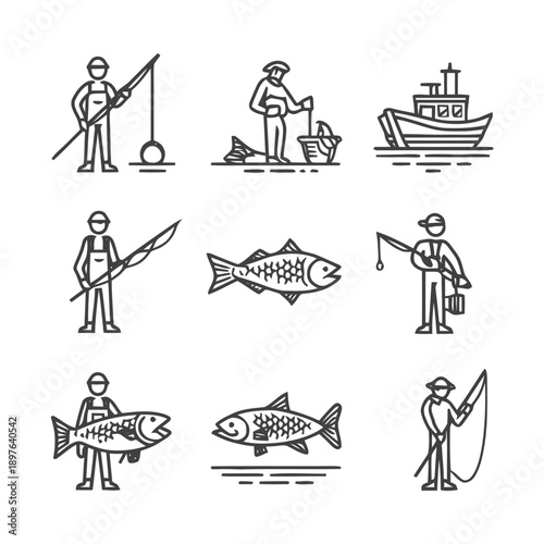 Fishing Icons: Anglers Fish Boats and Fishing Gear.