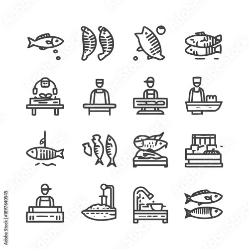 Fish market icons set seafood fishmonger fishing catch sale shop.