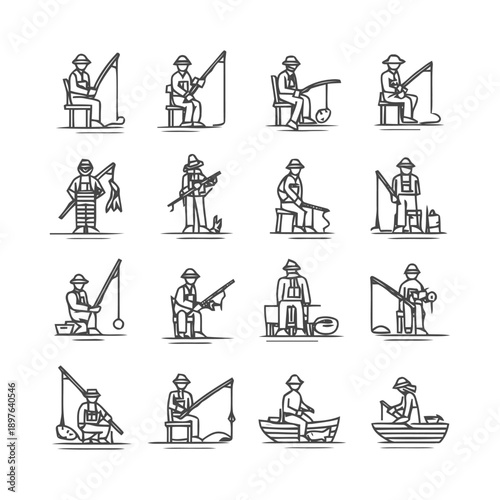 Fishermen in Various Poses: A Collection of Fishing Illustrations.