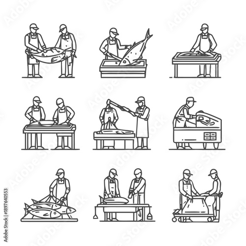 Butchers Processing Fish: A Detailed Line Art Illustration.