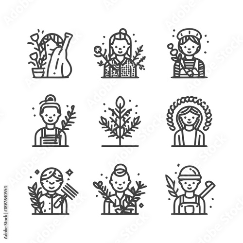 Collection of Line Art Gardener and Farmer Illustrations.