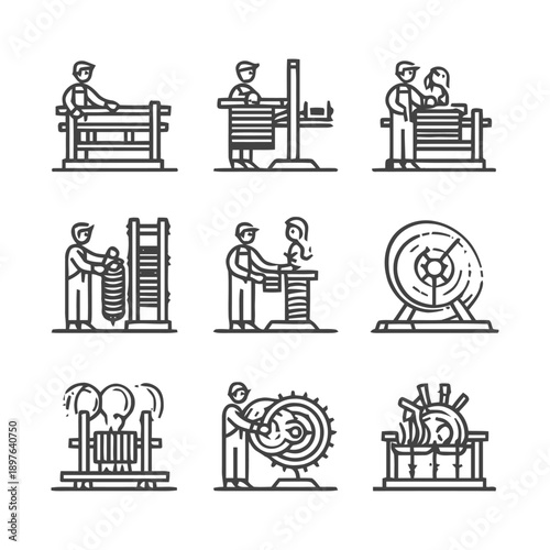 Artisan Craftsmanship: Depicting Weaving and Industrial Processes.