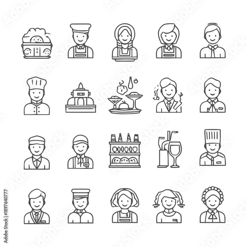 Restaurant and Hospitality Staff Icon Set for Various Purposes.
