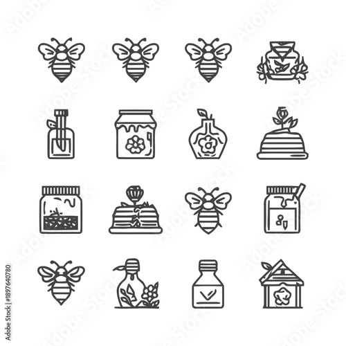 Bee-themed vector icons for honey and related products.