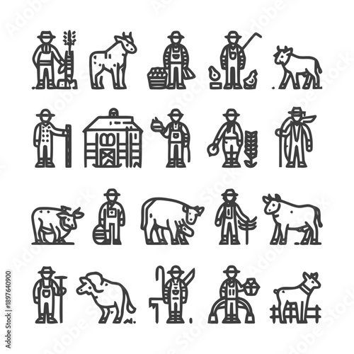 Farm Life Icons: Farmers Animals and Agricultural Elements.